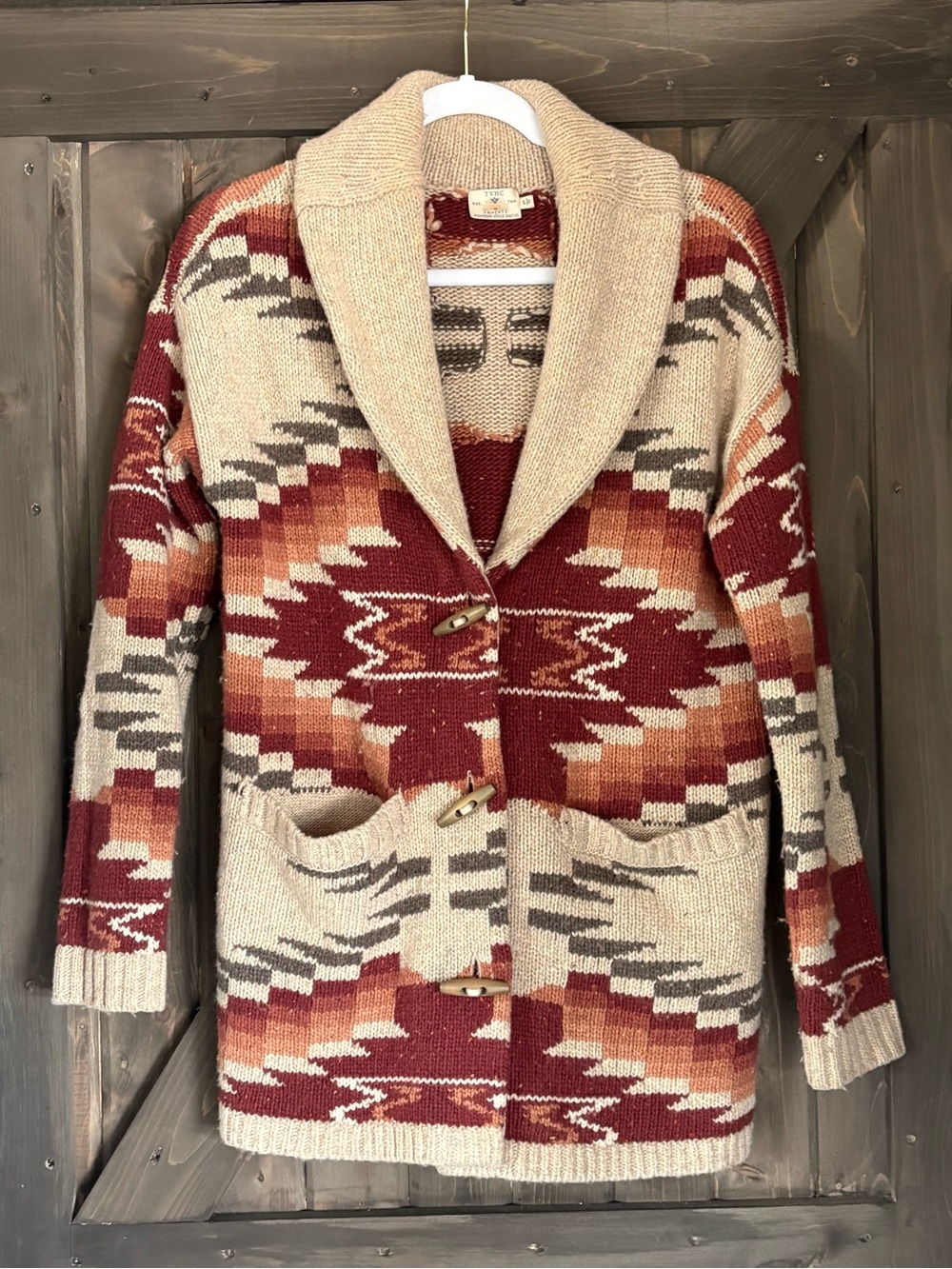 Faherty Southwestern Aztec Shawl Collar Wool Cardigan - Burgundy & Cream